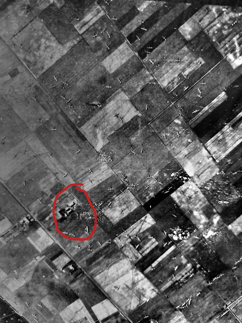 The full aerial reconnaissance photograph, showing a patchwork of fields covered with landed gliders