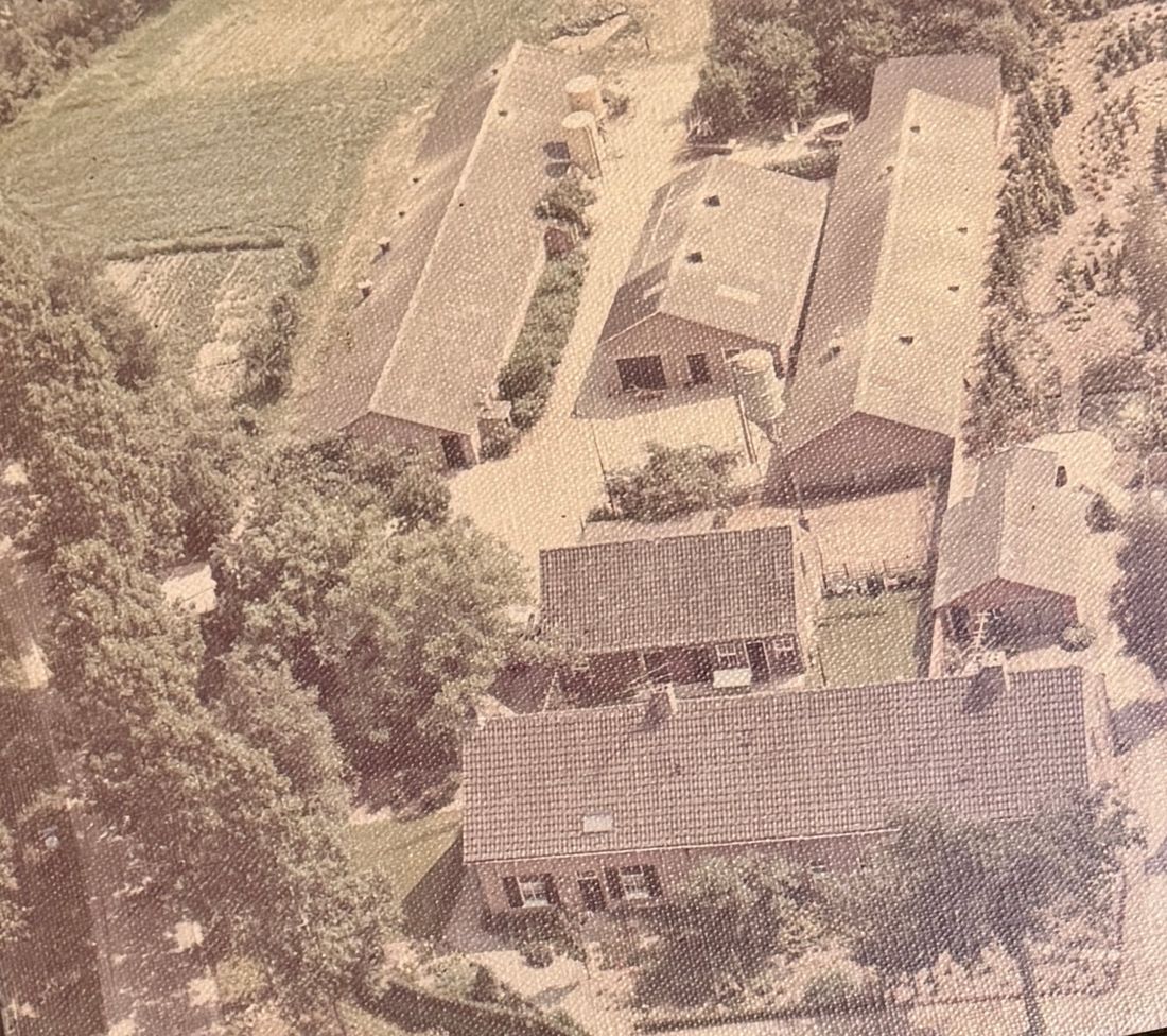 Aerial view of farm buildings