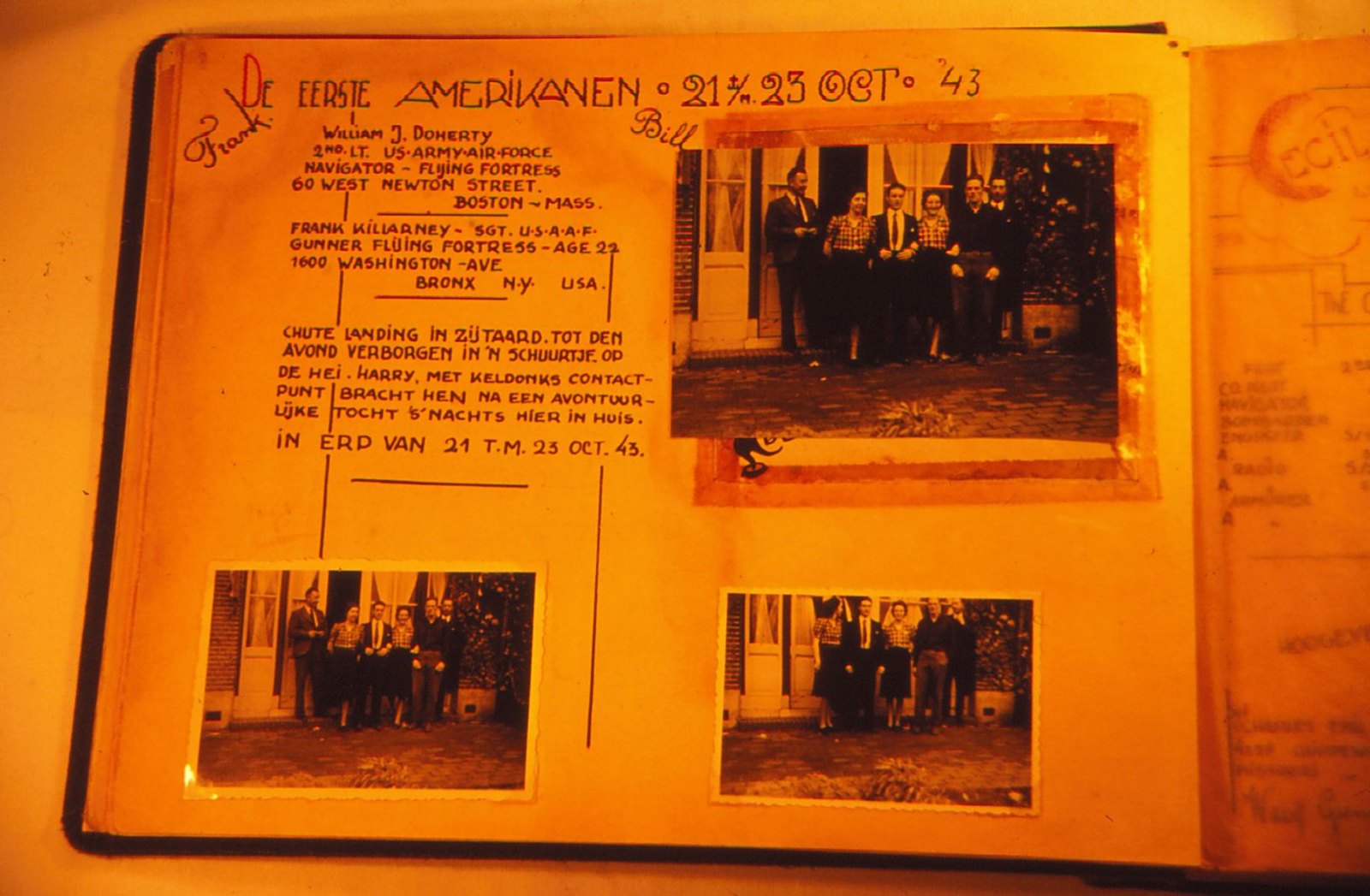 The album page for the first Americans the Ottens hid, 21 to 23 October 1943