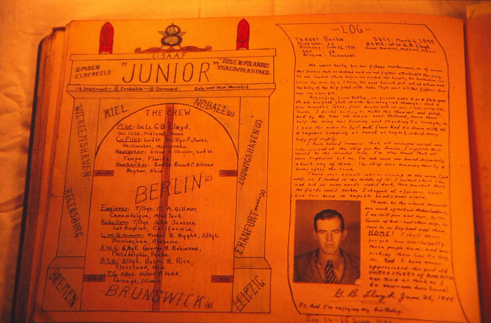 An album page for the crew of the bomber Junior